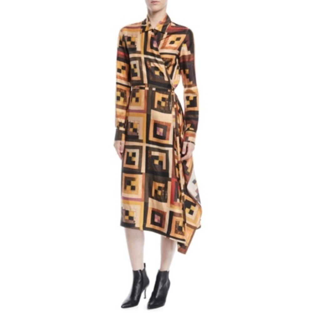 ROSETTA GETTY Long-Sleeve Drape Panel Patchwork-Quilt Print Silk Shirtdress sz 0